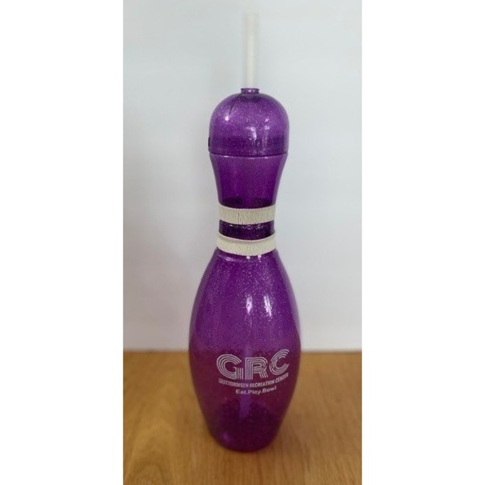 GRC Bowling Pin Water Bottle Purple Glitter Good Souvenir Cup with Straw